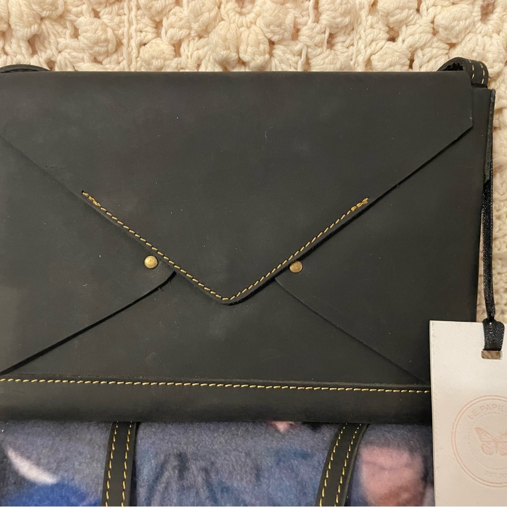 Black Envelope Clutch with Yellow Stitching